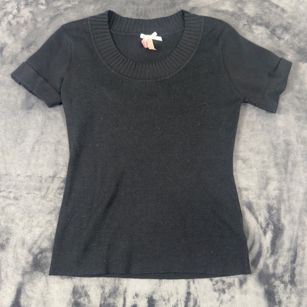 Derek Heart Sweater Top Womens Large Black Short Sleeve Ribbed Scoop Neck 2751